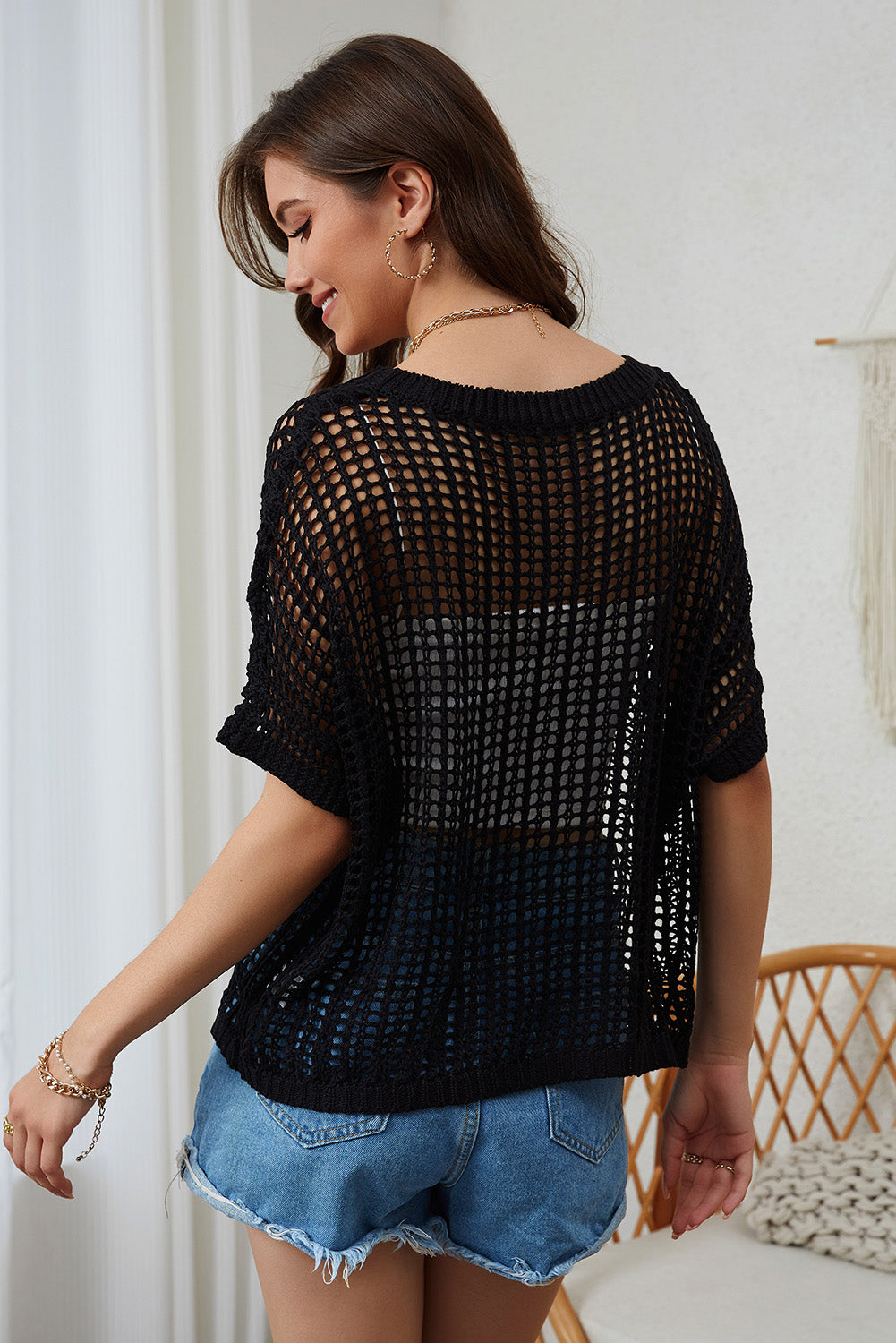 Openwork Round Neck Half Sleeve Knit Cover Up Trendsi