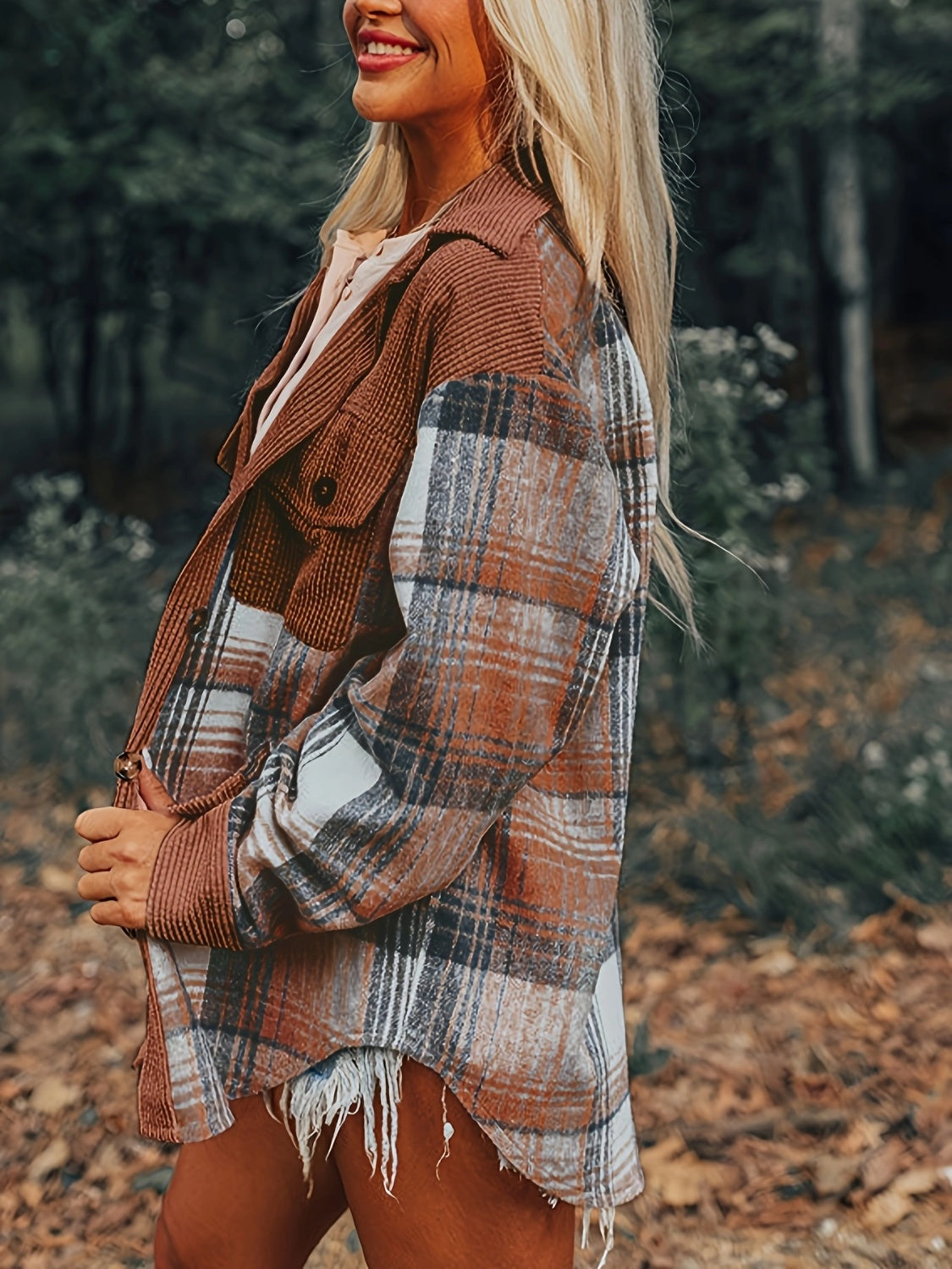 Plaid Collared Neck Button Up Shacket Trendsi