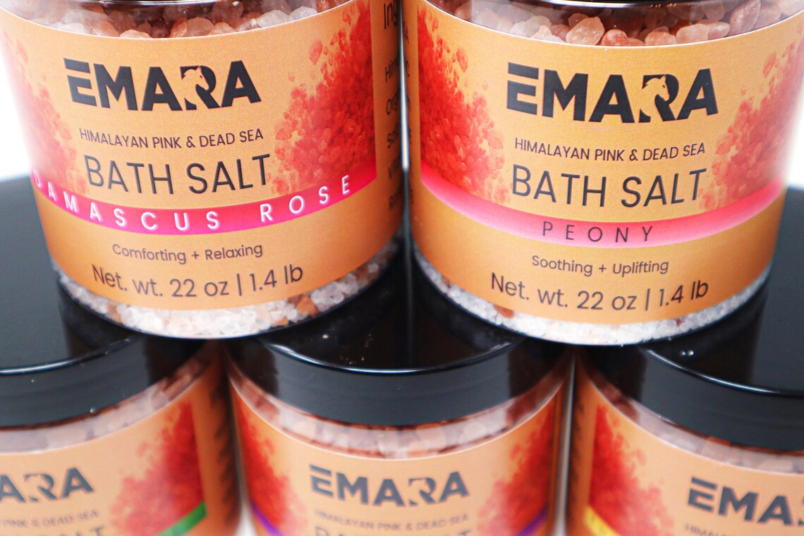 5 Bath Salt Spa Gift Set - Luxury Himalayan Pink and Dead Sea Salt Bath Soak Enriched with Rosehip Oil Vitamin E Oil 7 LB Bulk Bath Salt Emara