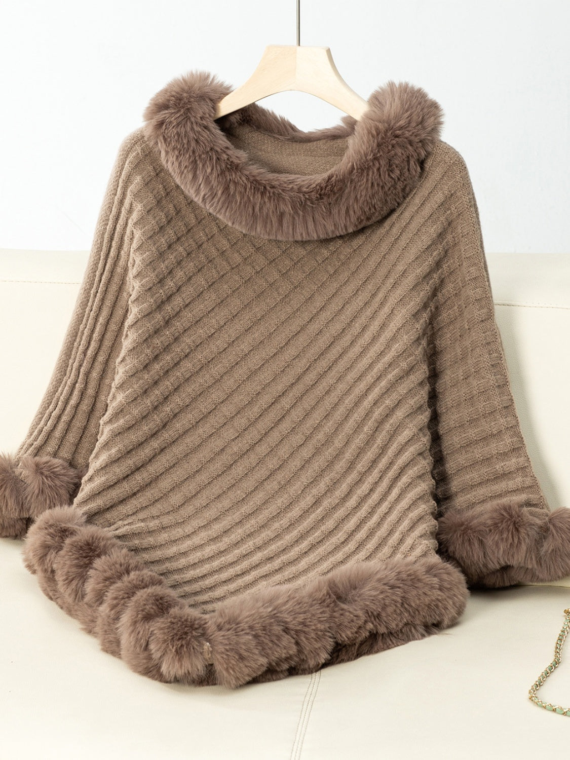 Fuzzy Trim Texture Three-Quarter Sleeve Poncho Trendsi