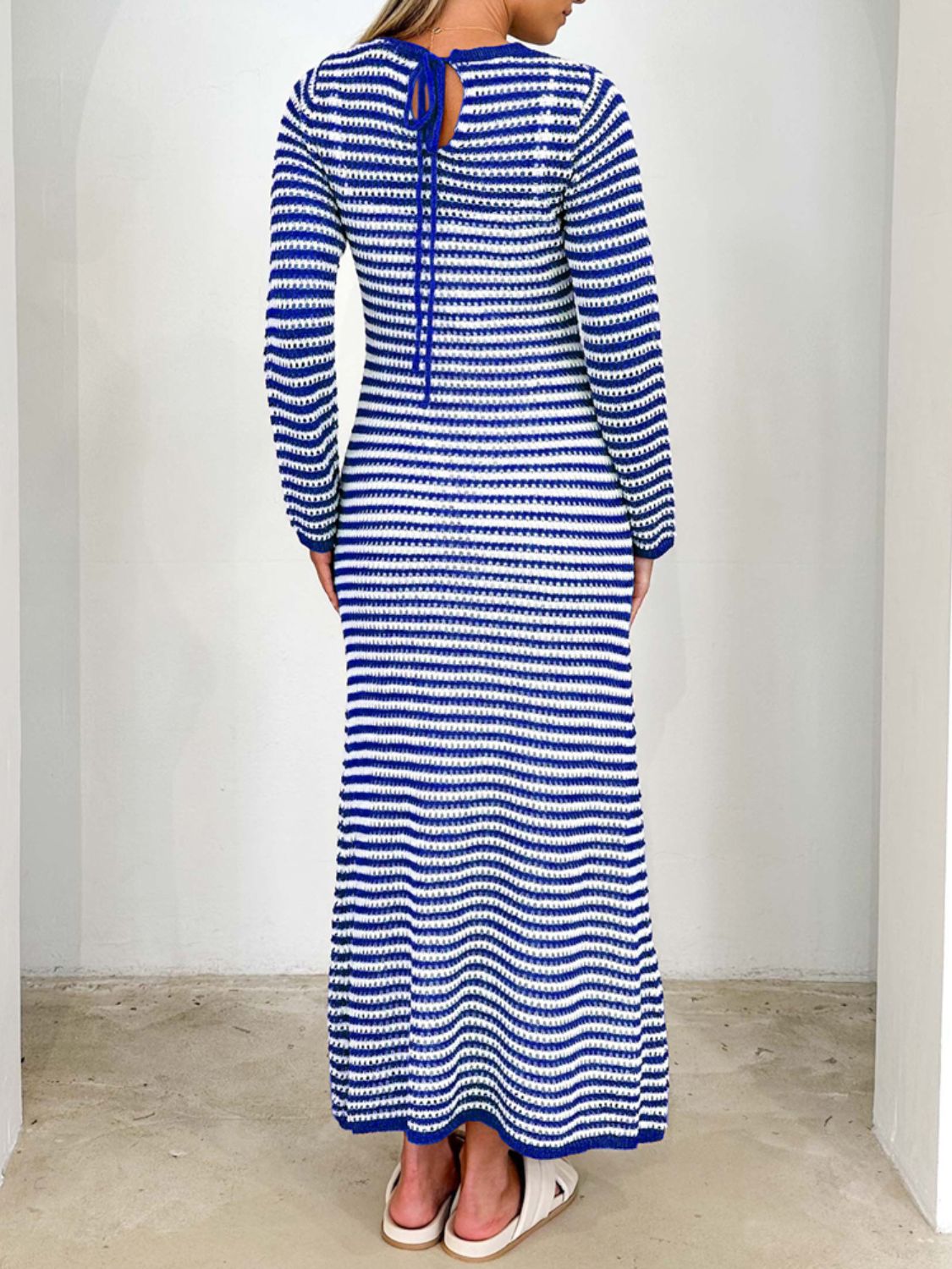 Devine Tied Round Neck Striped Sweater Dress Trendsi