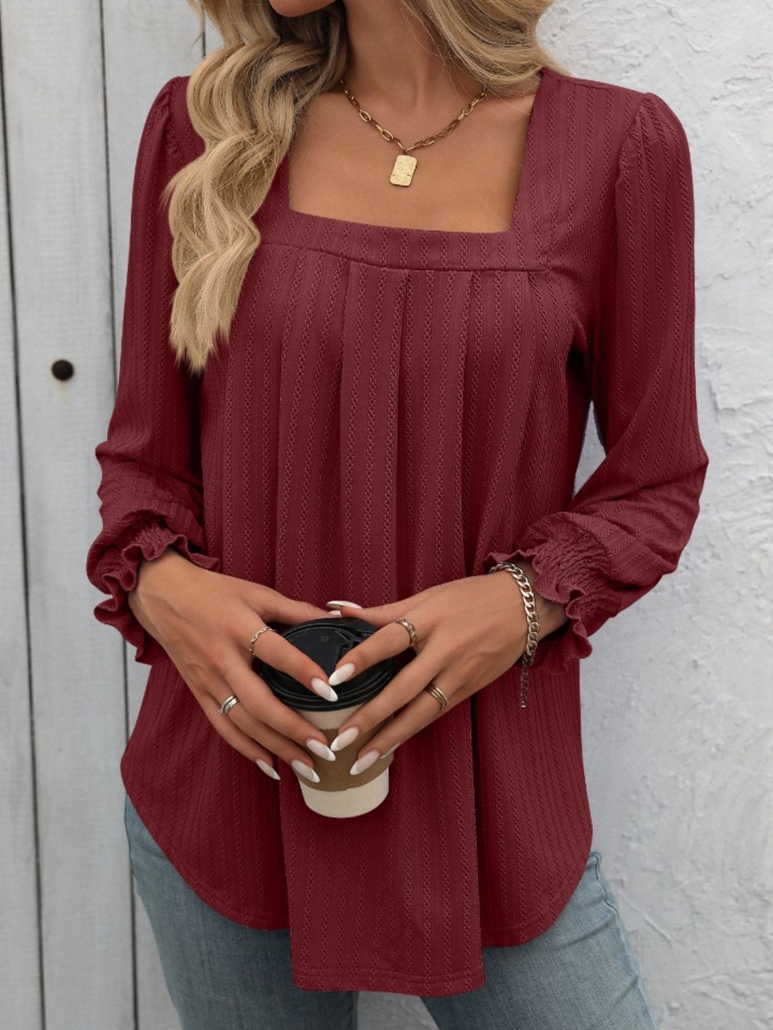 Mandy Square Neck Long Sleeve Top Trendsi