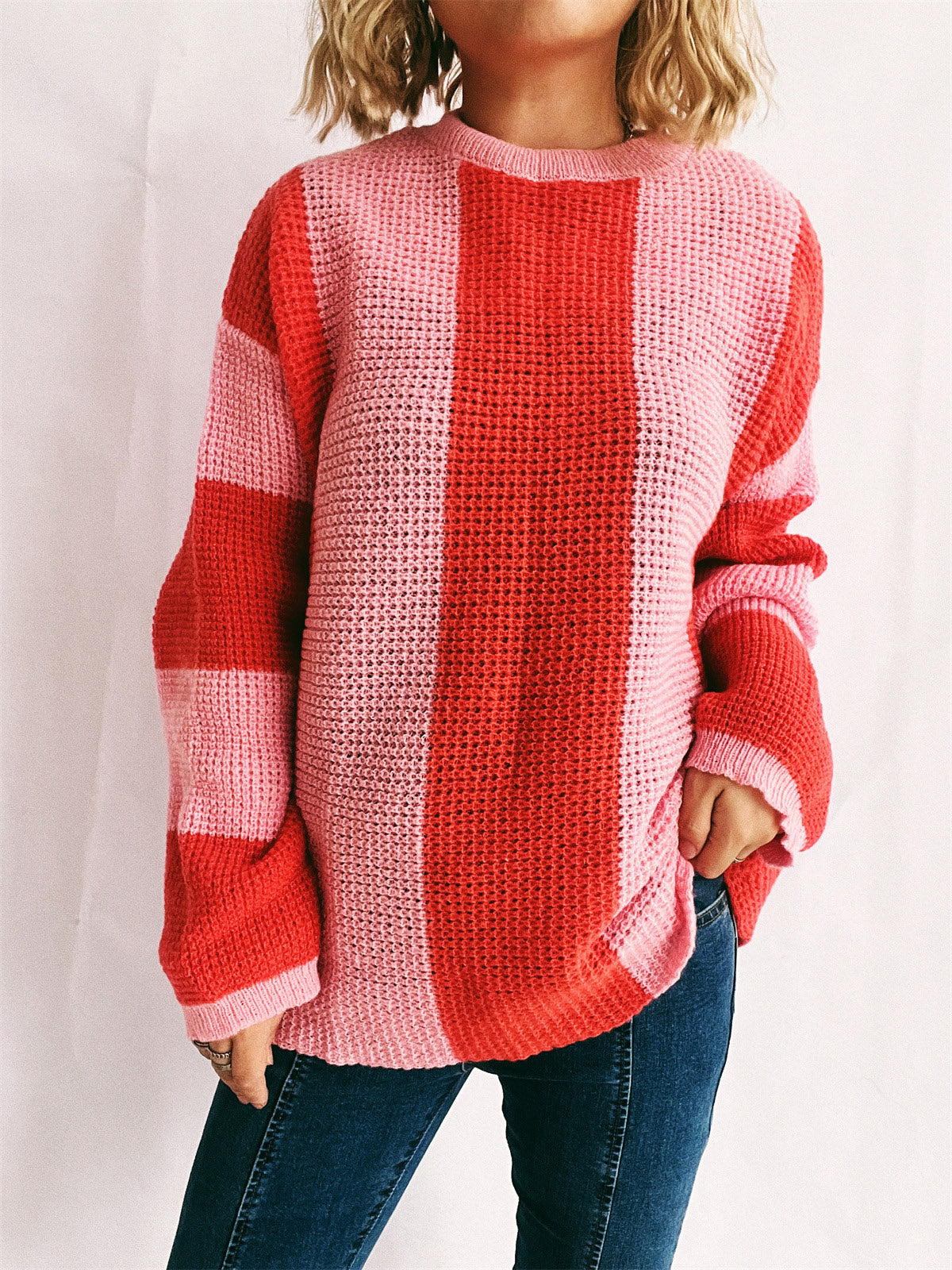 Color Block Round Neck Long Sleeve Sweater Trendsi