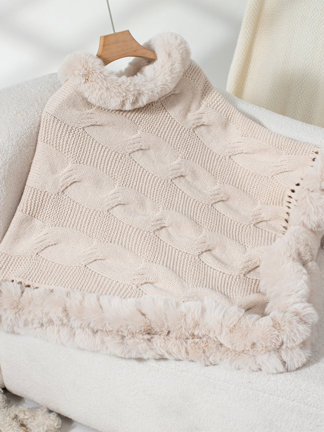 Fuzzy Hem Cable-Knit Poncho Trendsi