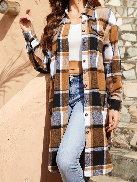 Plaid Collared Neck Long Sleeve Jacket Trendsi