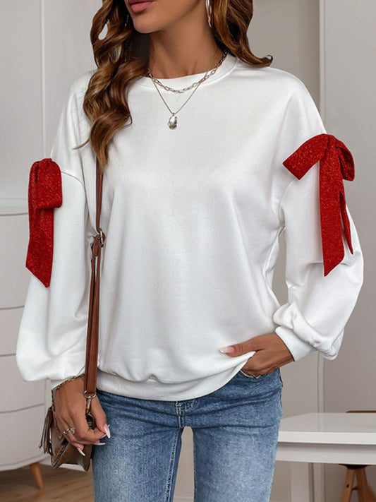 Perfee Bow Round Neck Long Sleeve Sweatshirt Trendsi