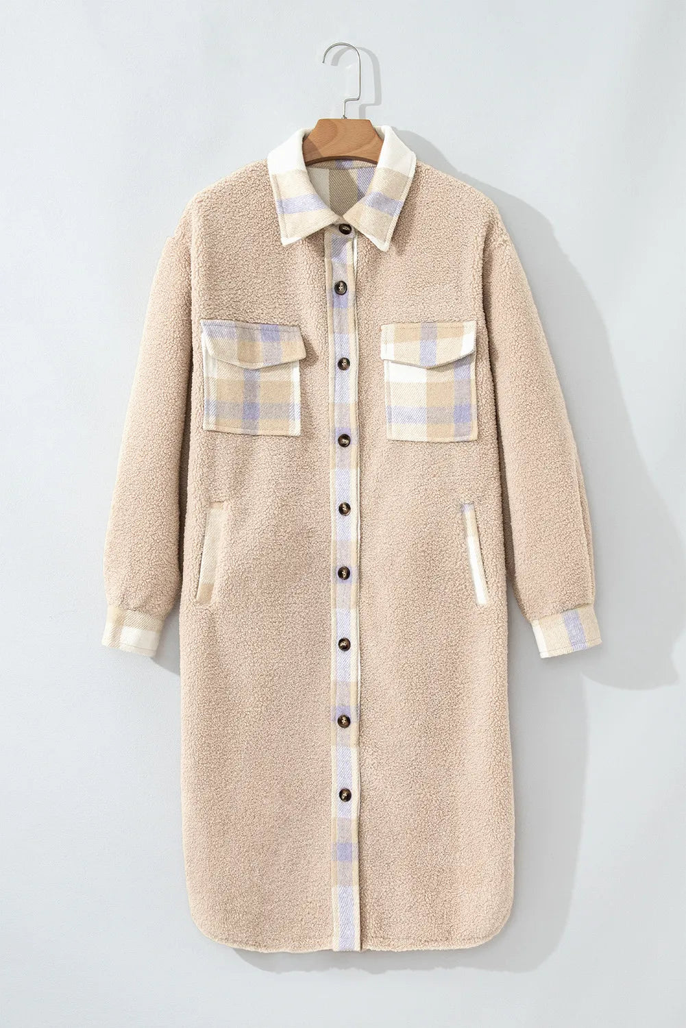 Slit Plaid Button Down Long Sleeve Coat Trendsi