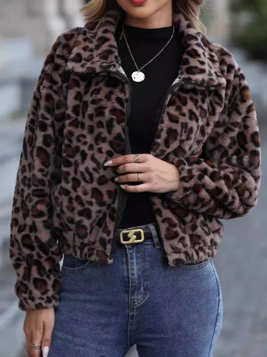 Leopard Collared Neck Zip Up Jacket Trendsi