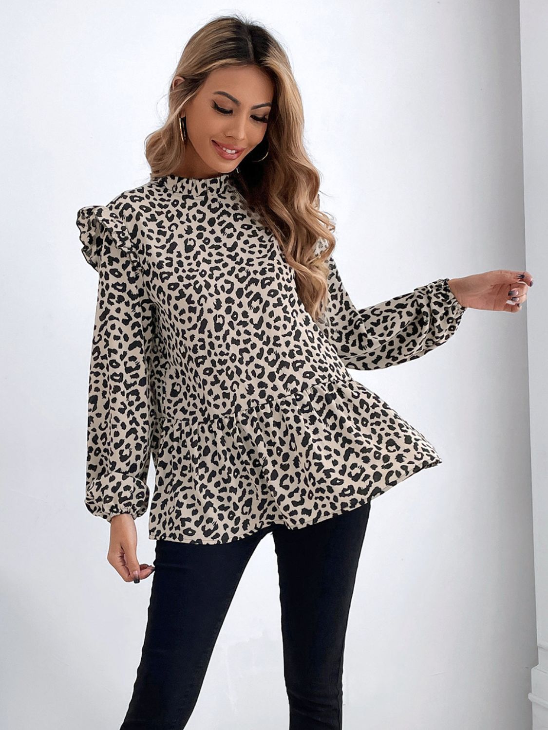 Ruffled Leopard Mock Neck Long Sleeve Blouse Trendsi