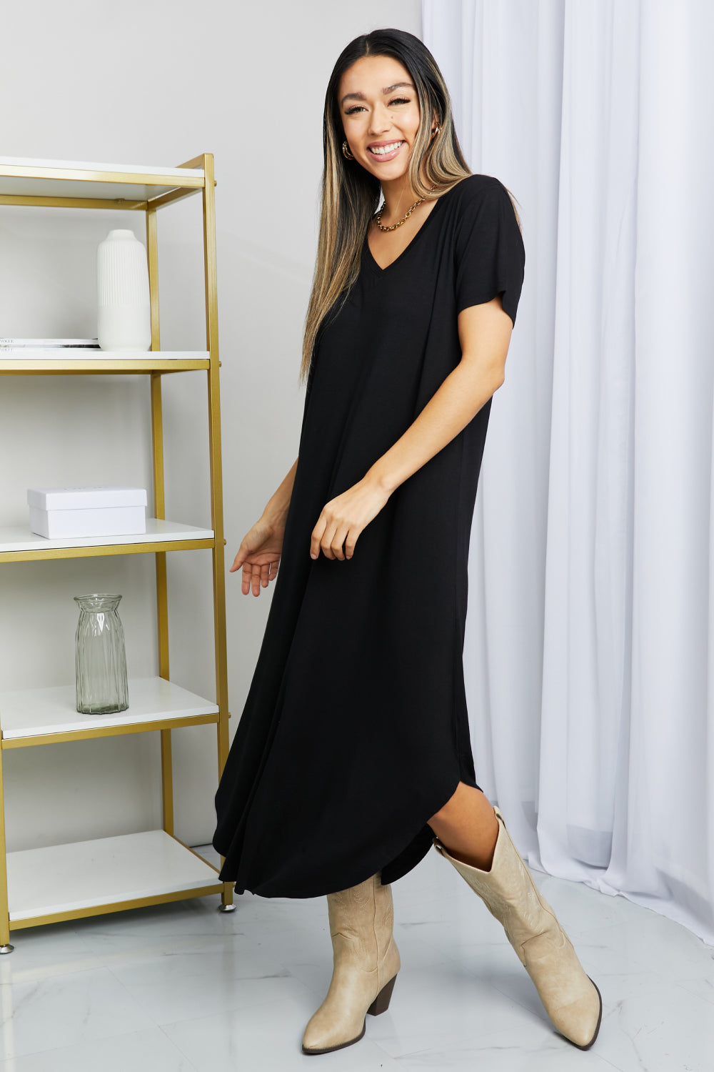 HYFVE V-Neck Short Sleeve Curved Hem Dress in Black Trendsi