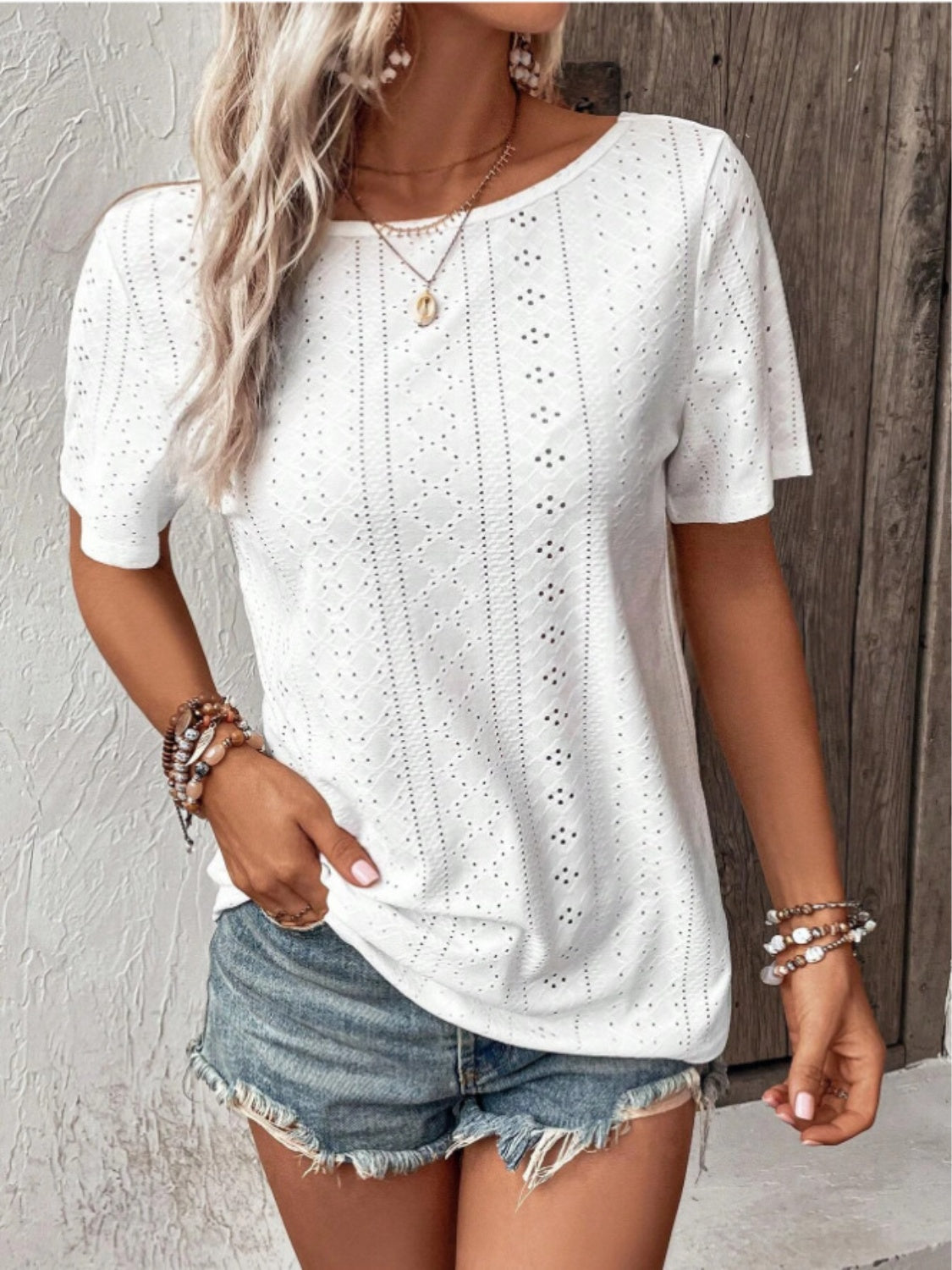 Lace Detail Eyelet Short Sleeve Blouse Trendsi