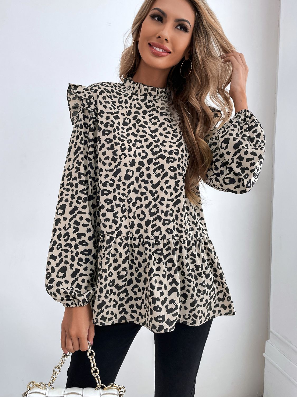 Ruffled Leopard Mock Neck Long Sleeve Blouse Trendsi