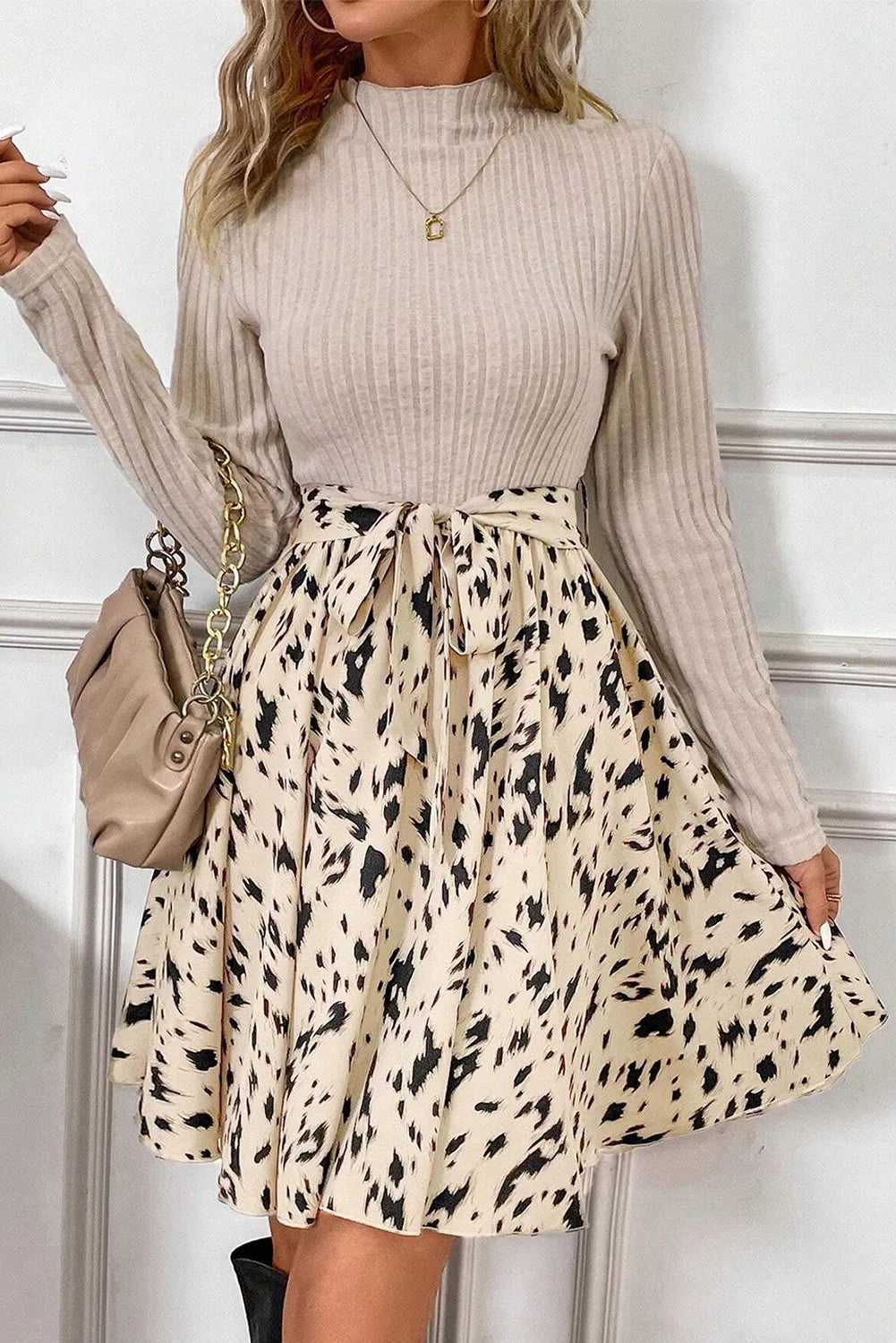 Tied Printed Mock Neck Long Sleeve Dress Trendsi