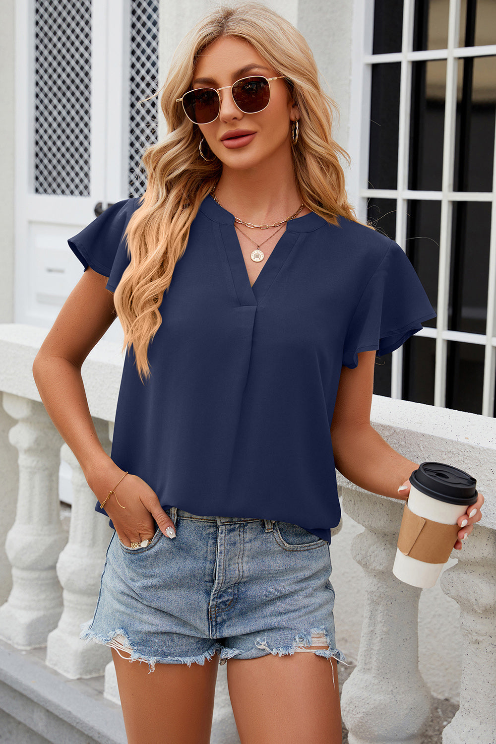 Notched Cap Sleeve T-Shirt Trendsi