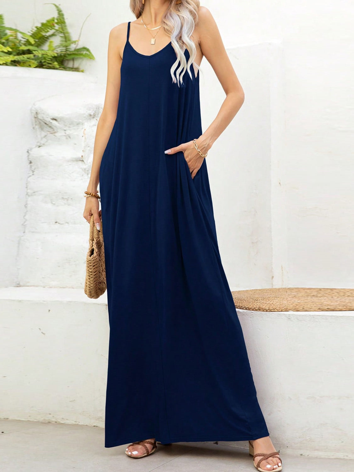 V-Neck Maxi Cami Dress with Pockets Trendsi