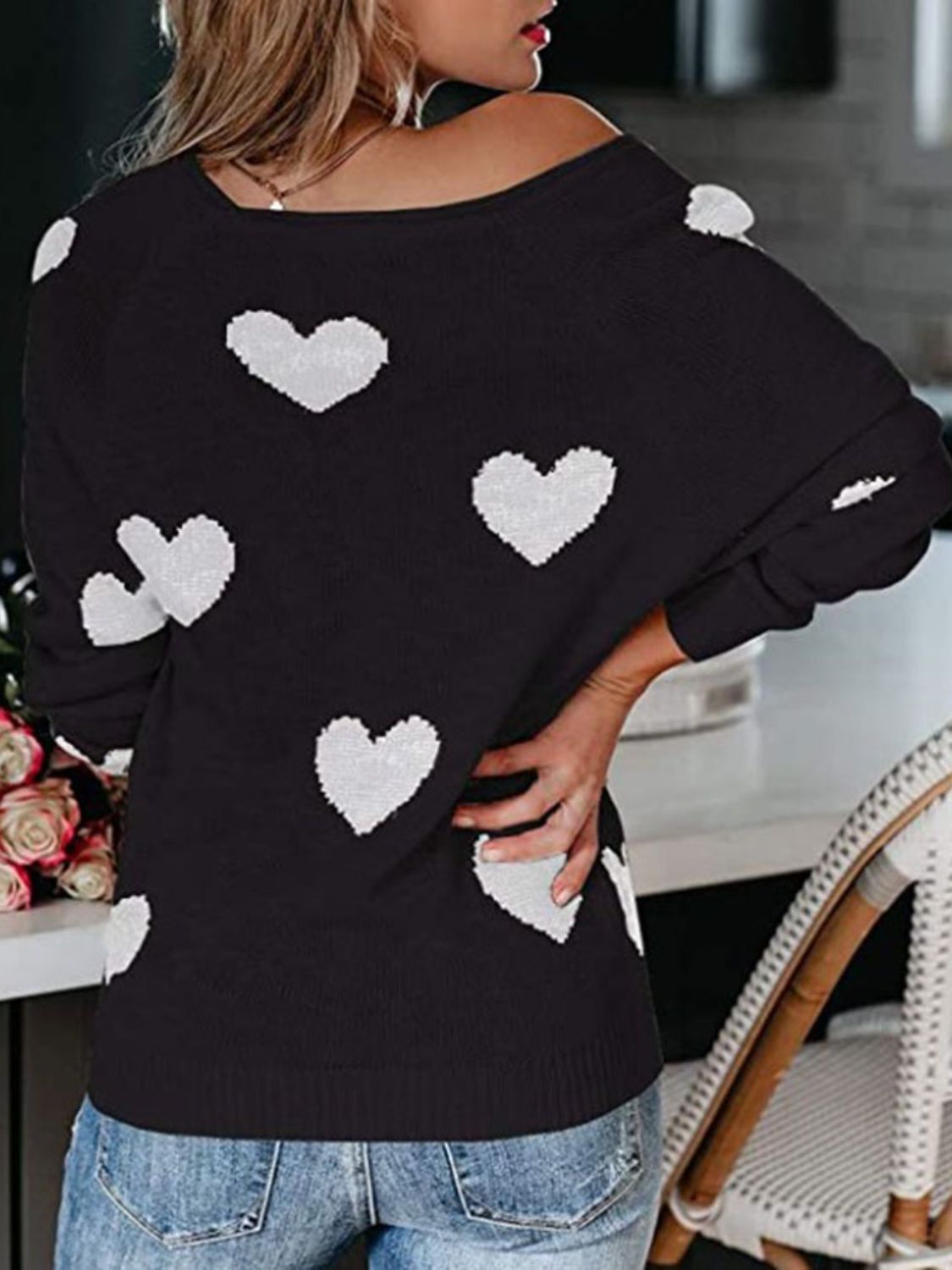 Heart Scoop Neck Long Sleeve Sweater Trendsi