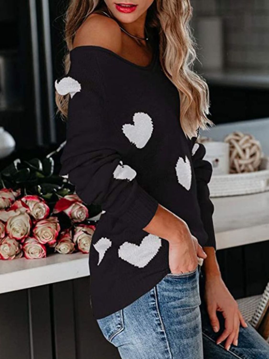 Heart Scoop Neck Long Sleeve Sweater Trendsi