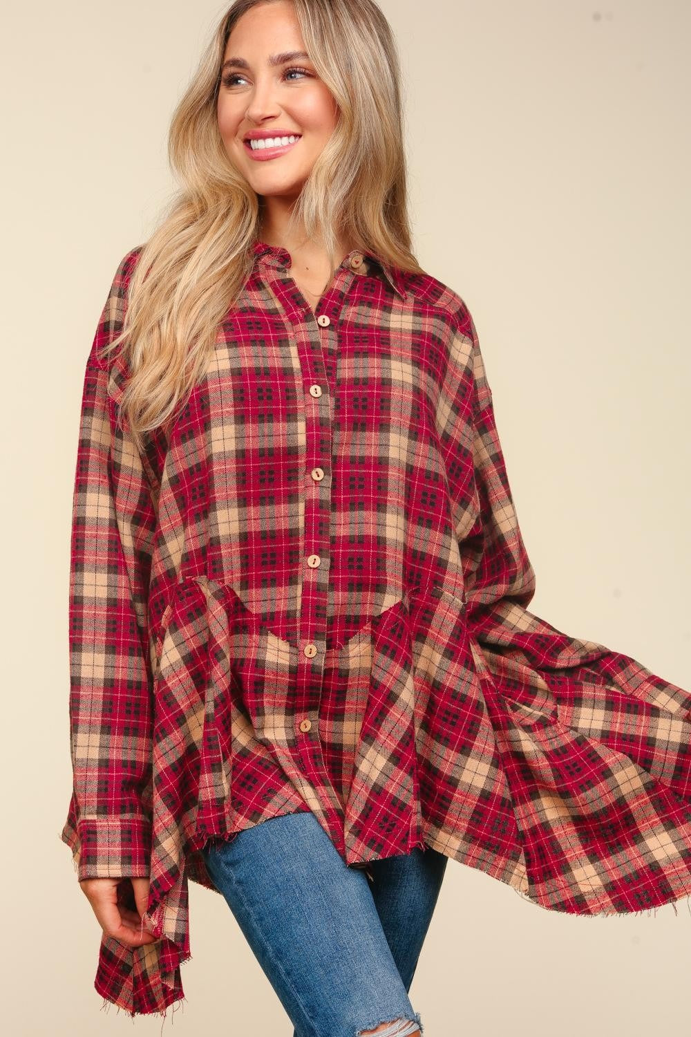 Haptics Plaid Button Down Sharkbite Shirt Trendsi