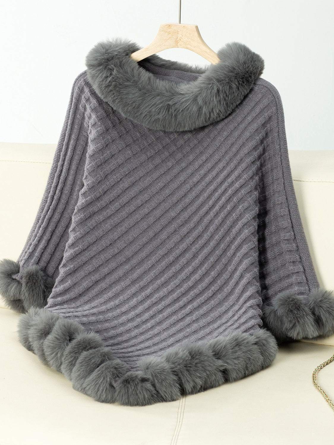 Fuzzy Trim Texture Three-Quarter Sleeve Poncho Trendsi