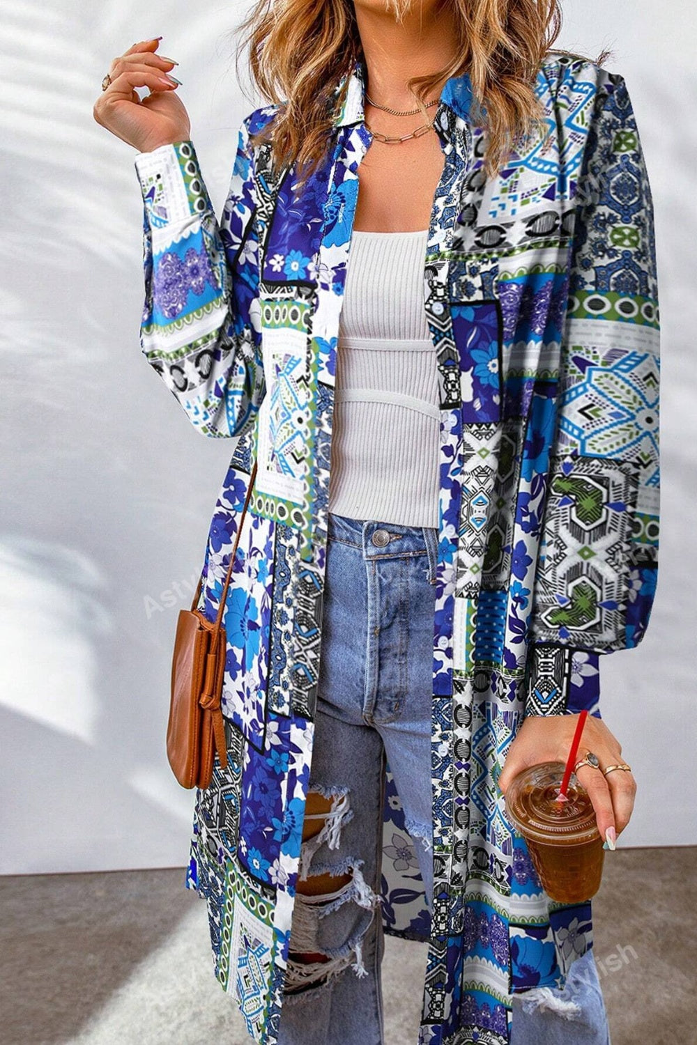 Printed Button Up Long Sleeve Cardigan Trendsi