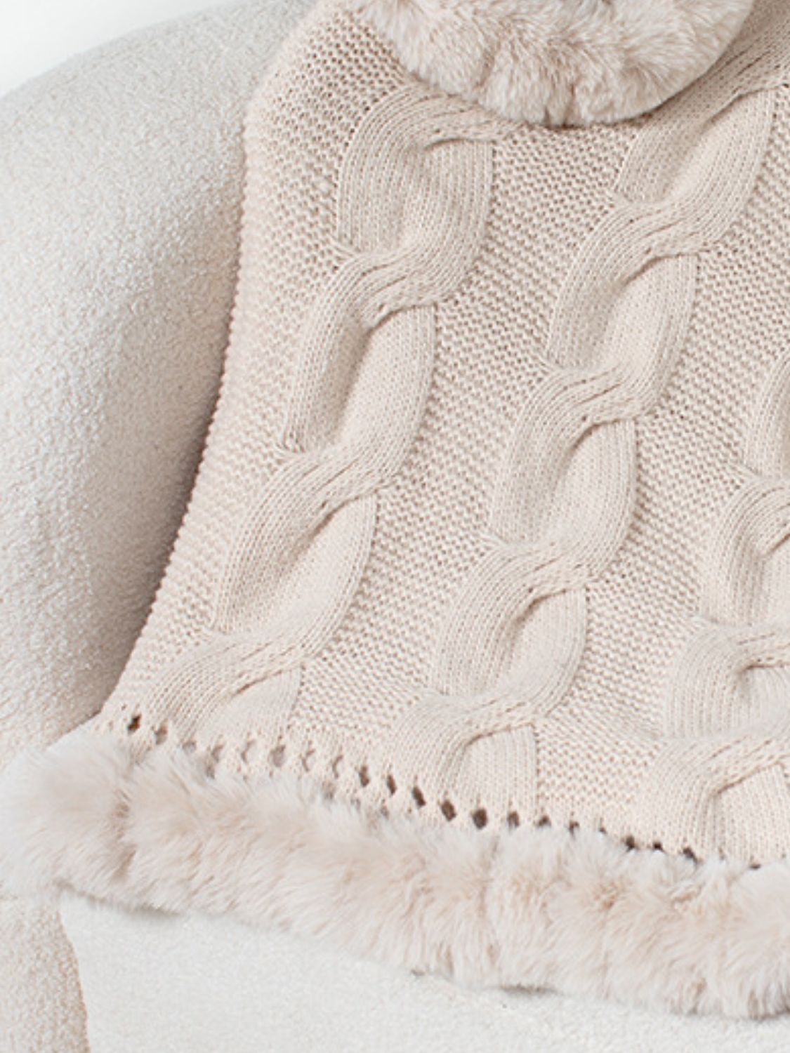 Fuzzy Hem Cable-Knit Poncho Trendsi