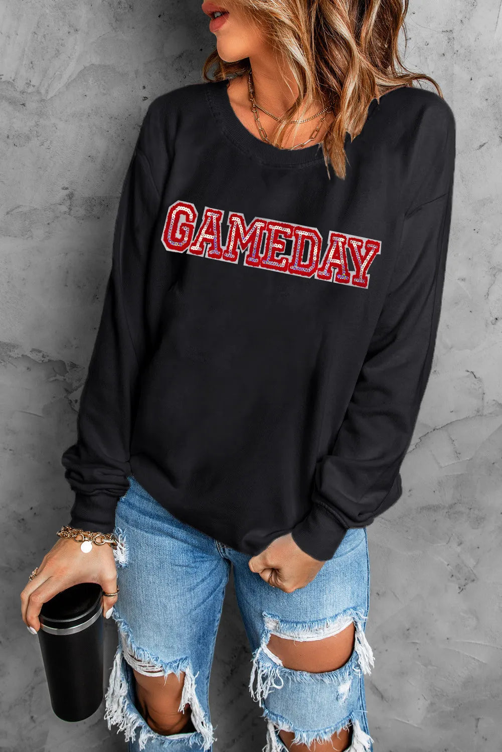 GAME DAY Round Neck Long Sleeve Sweatshirt Trendsi