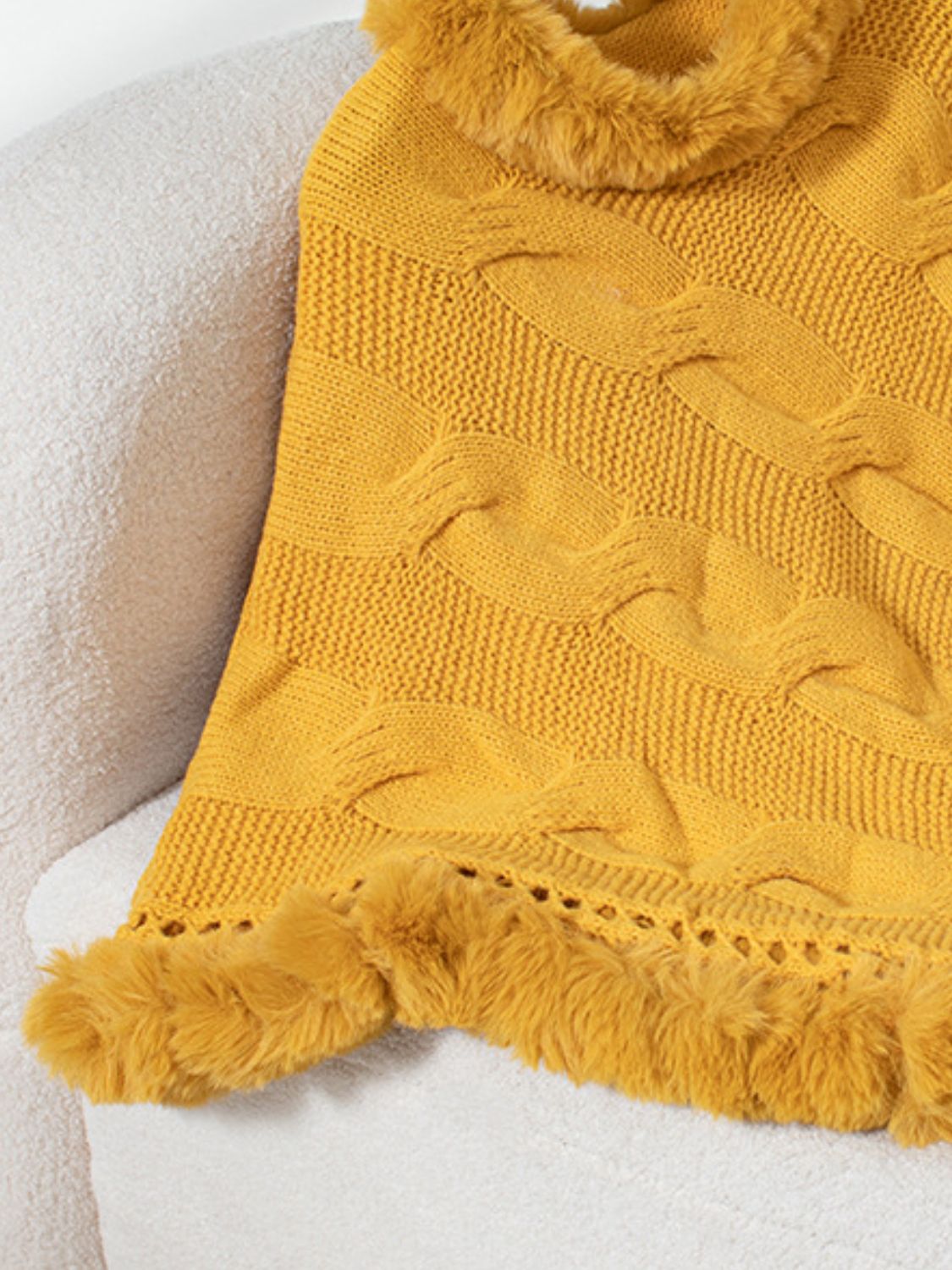 Fuzzy Hem Cable-Knit Poncho Trendsi