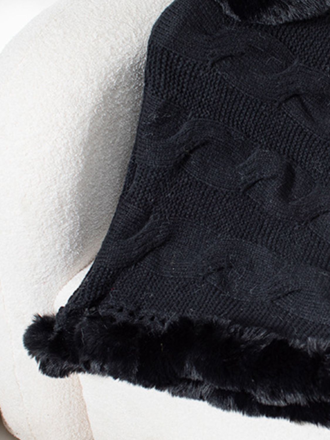 Fuzzy Hem Cable-Knit Poncho Trendsi