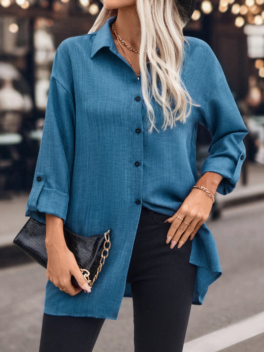 Button Up Roll-Tab Sleeve Shirt Trendsi