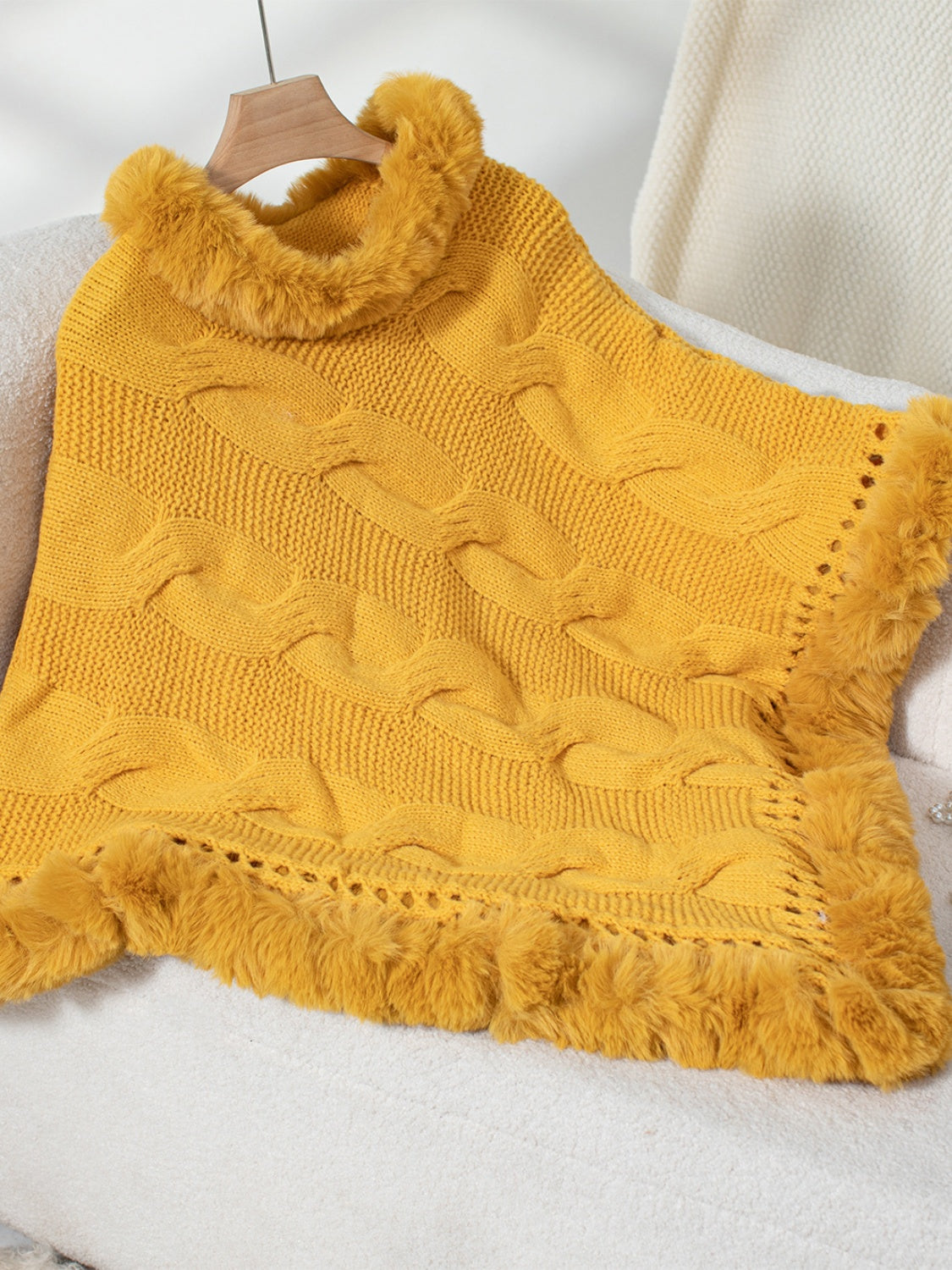Fuzzy Hem Cable-Knit Poncho Trendsi