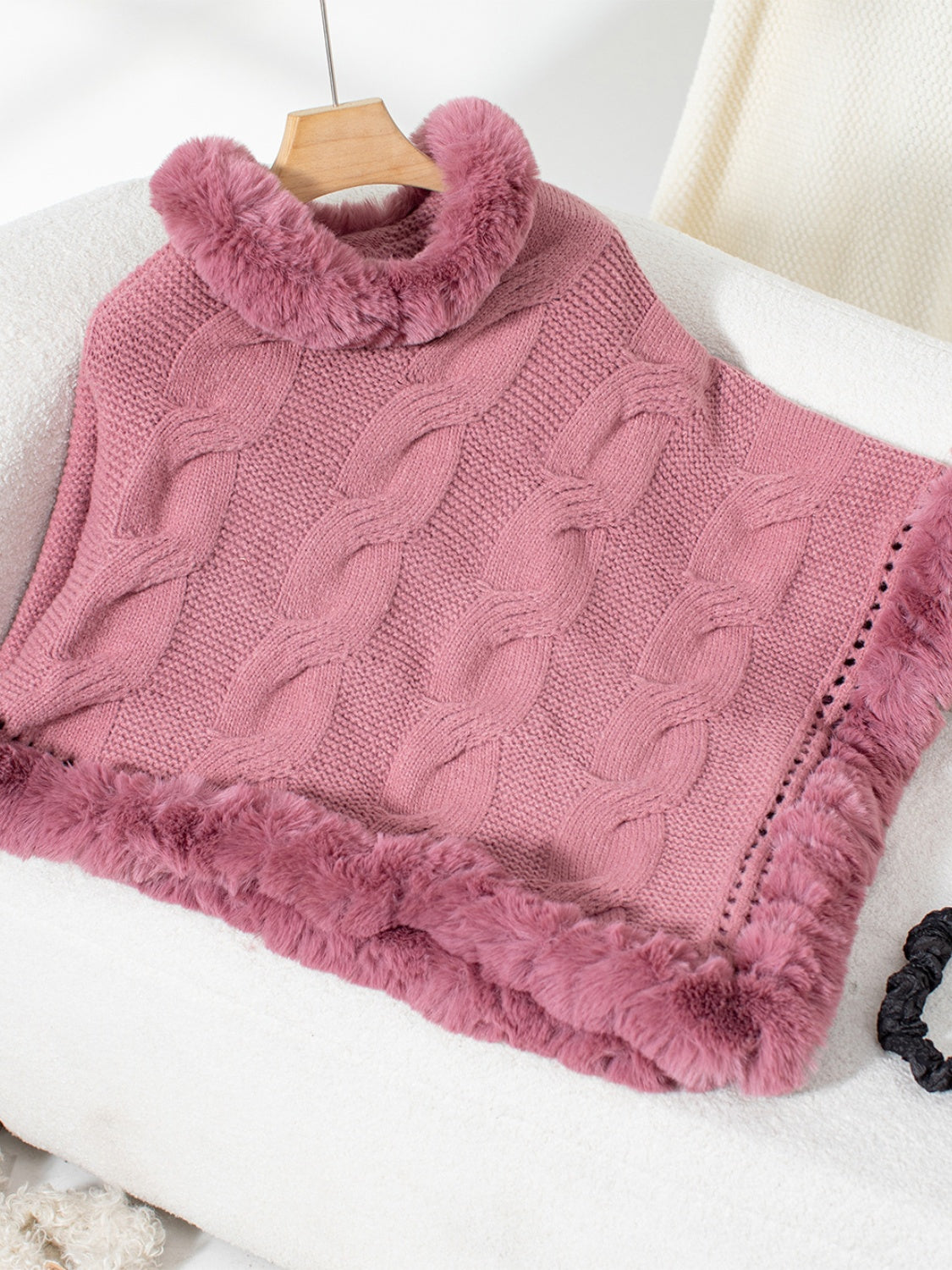 Fuzzy Hem Cable-Knit Poncho Trendsi