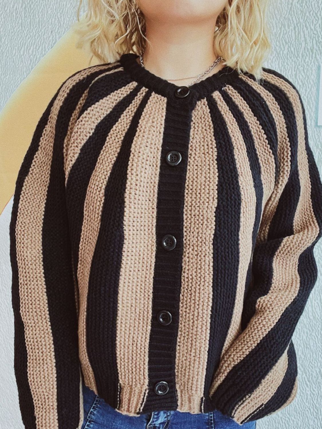 Contrast Stripes Button Down Long Sleeve Cardigan Trendsi