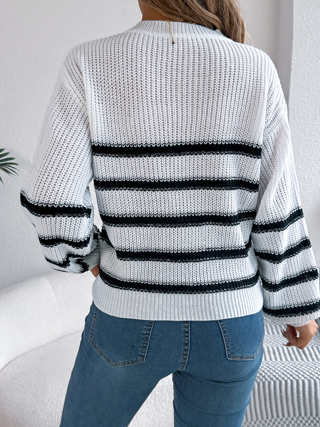 Striped Round Neck Long Sleeve Sweater Trendsi