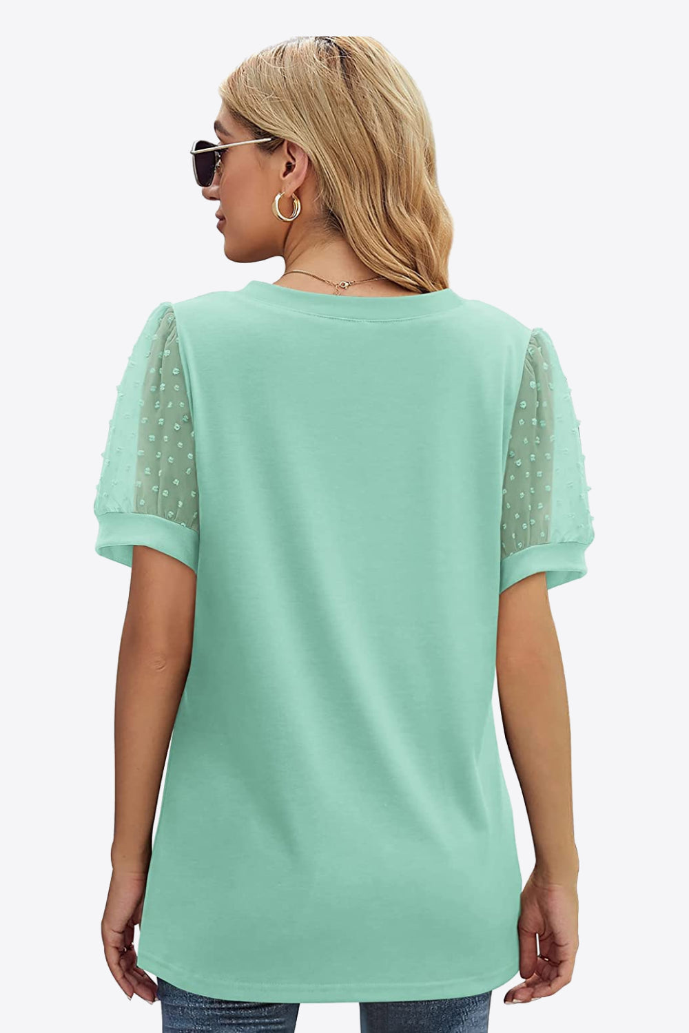 Swiss Dot Puff Sleeve V-Neck Tee Trendsi