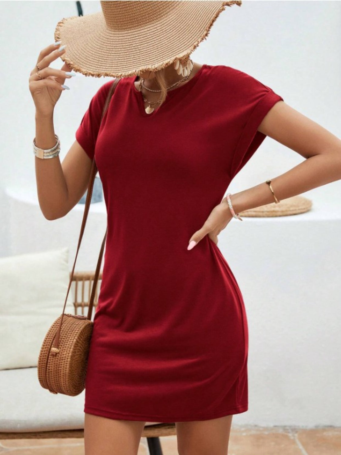 Notched Short Sleeve Mini Tee Dress - Boutique Clothing Trendsi