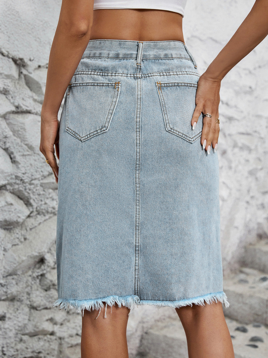 Raw Hem Slit Denim Skirt Trendsi