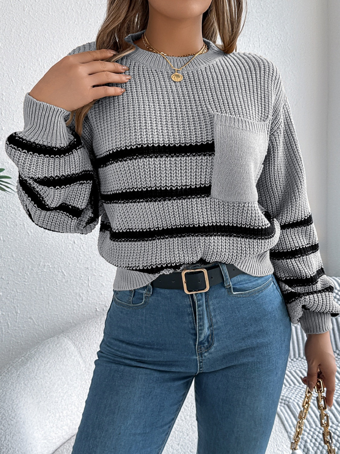 Striped Round Neck Long Sleeve Sweater Trendsi