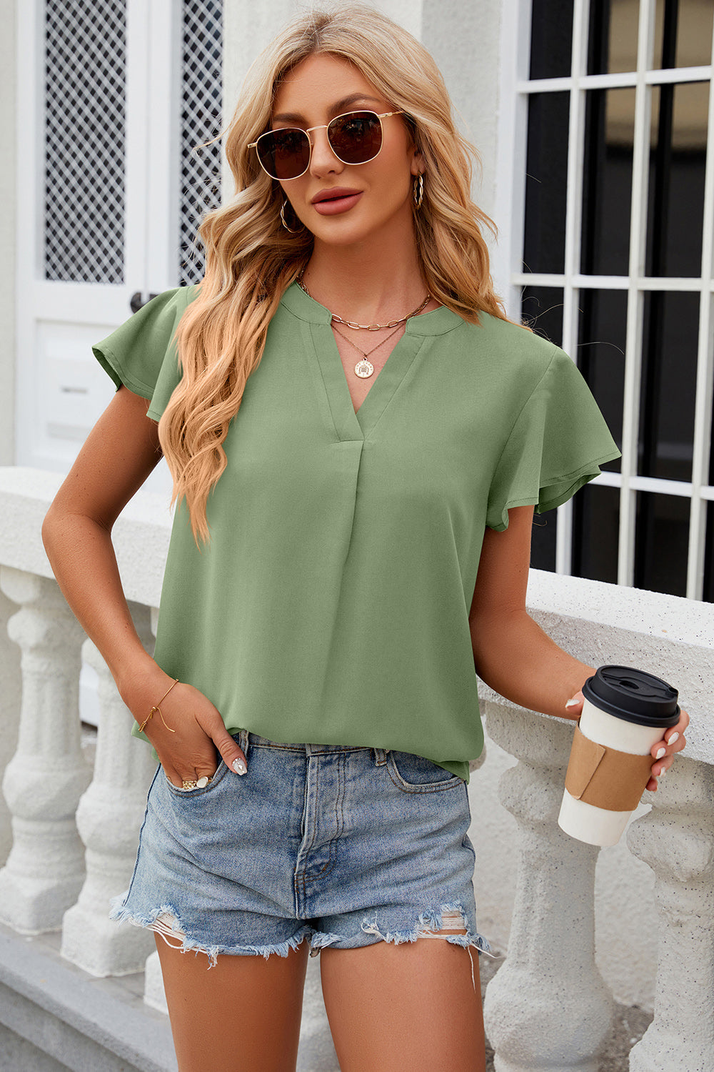 Notched Cap Sleeve T-Shirt Trendsi