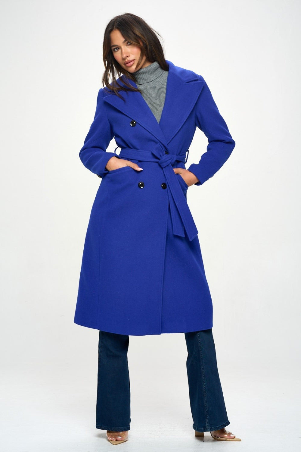 Coalition LA Double-Breasted Longline Coat with Belt Trendsi