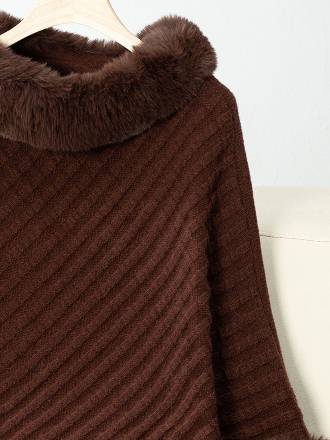Fuzzy Trim Texture Three-Quarter Sleeve Poncho Trendsi