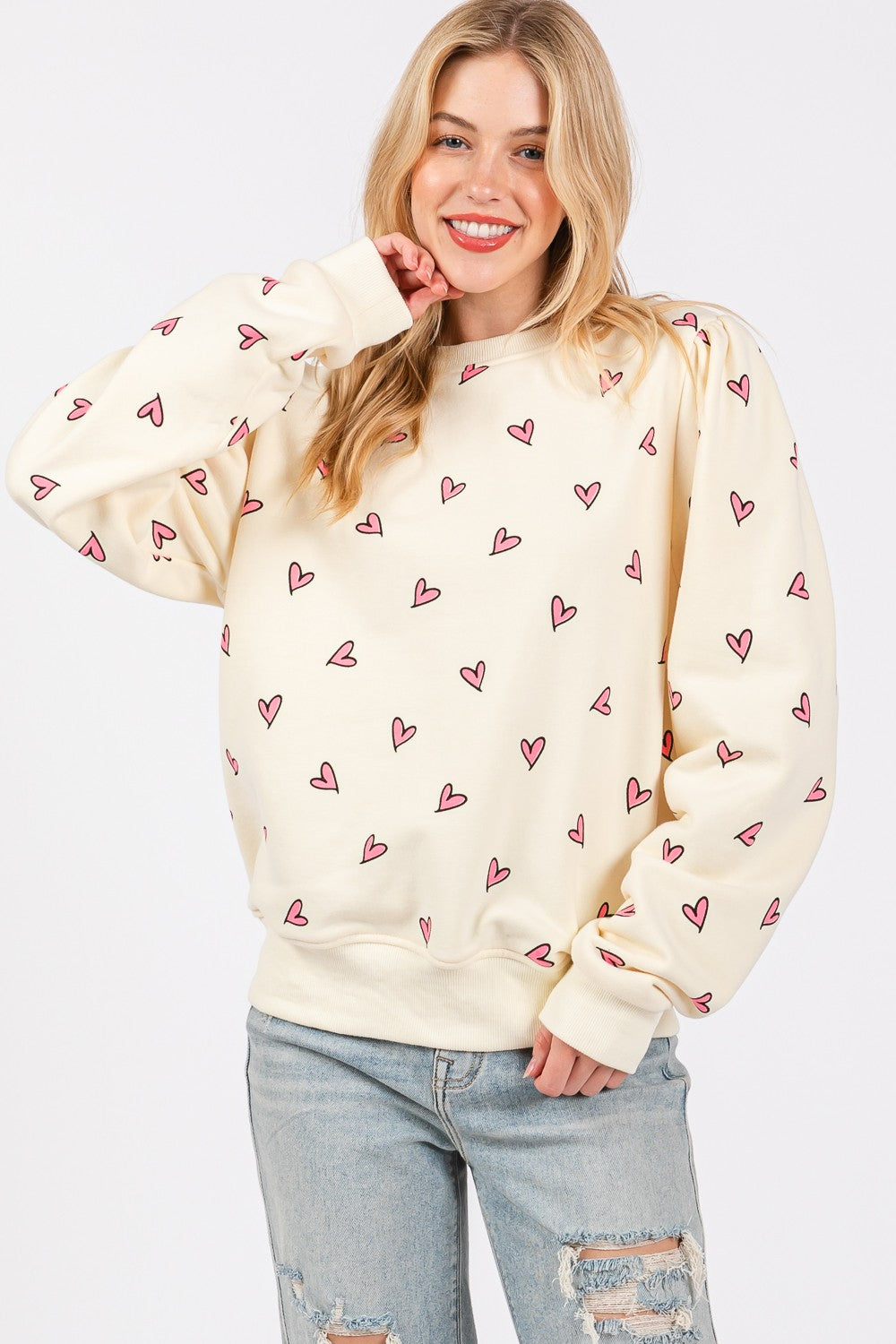 SAGE + FIG Heart Printed Contrast Long Sleeve Sweatshirt Trendsi