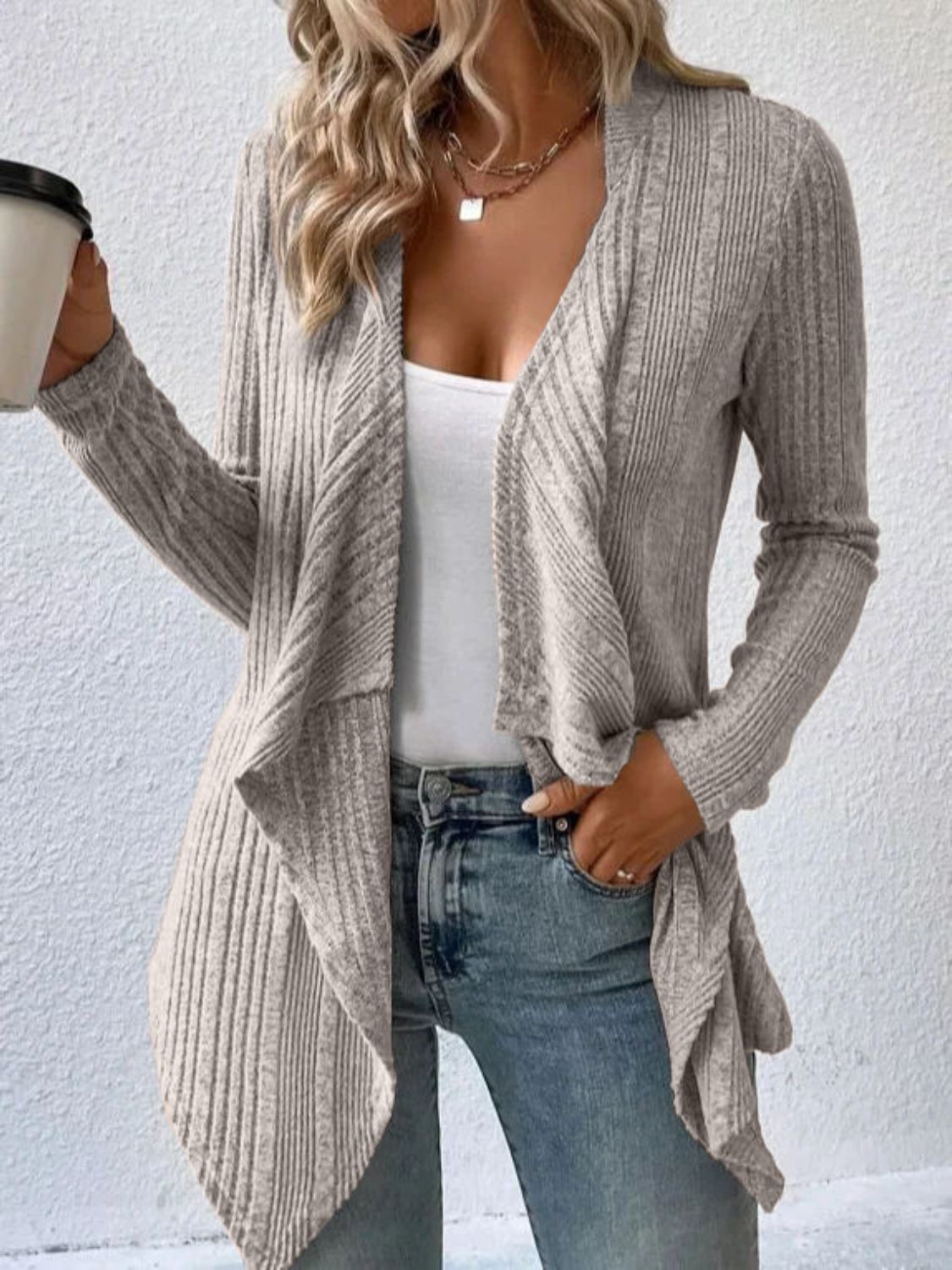 Open Front Long Sleeve Cardigan Trendsi