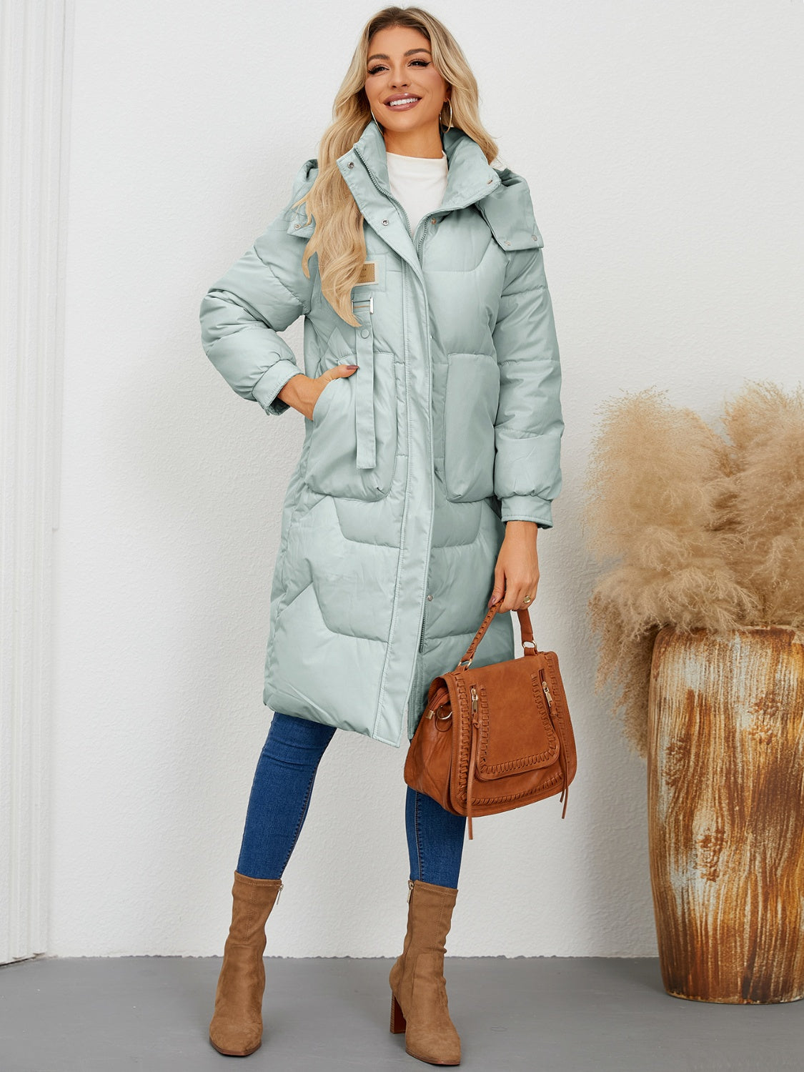 Long Sleeve Longline Hooded Winter Coat Trendsi