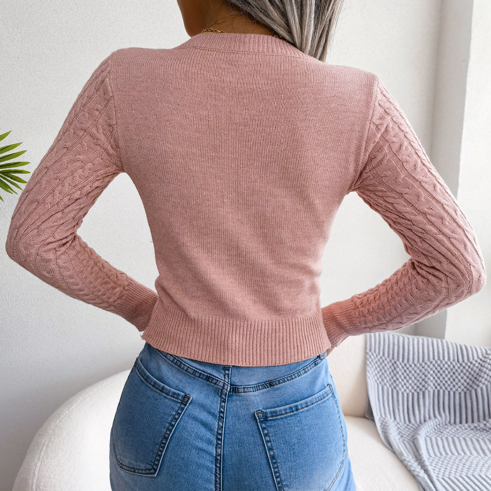 Cutout Cable-Knit Round Neck Sweater Trendsi