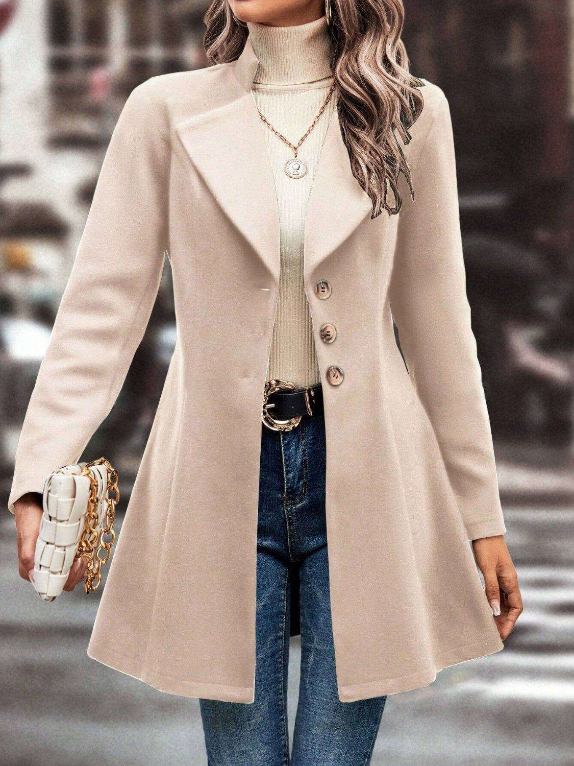 Collared Neck Long Sleeve Longline Coat Trendsi