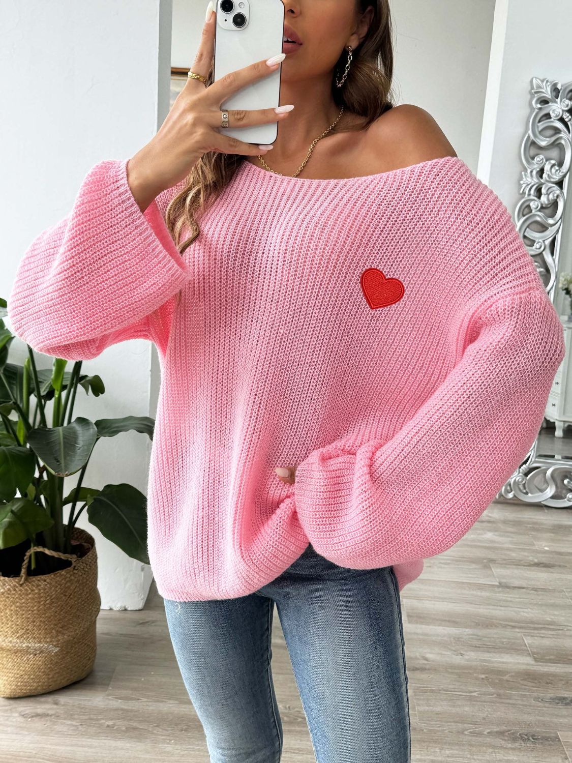 Heart Boat Neck Dropped Shoulder Sweater Trendsi