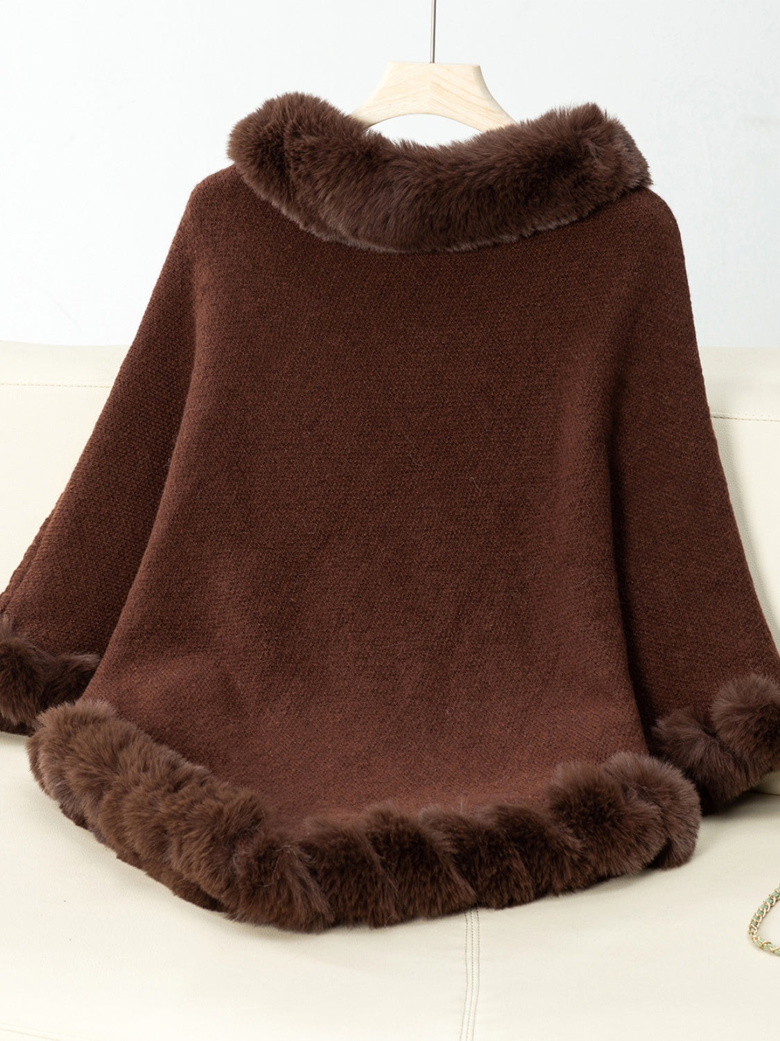 Fuzzy Trim Texture Three-Quarter Sleeve Poncho Trendsi