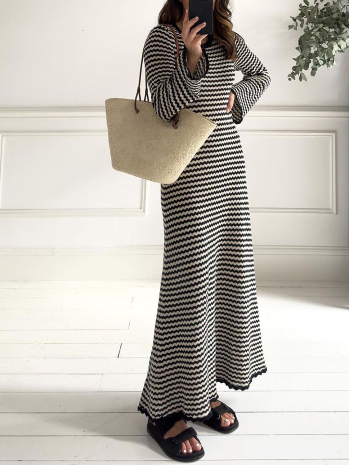 Devine Tied Round Neck Striped Sweater Dress Trendsi