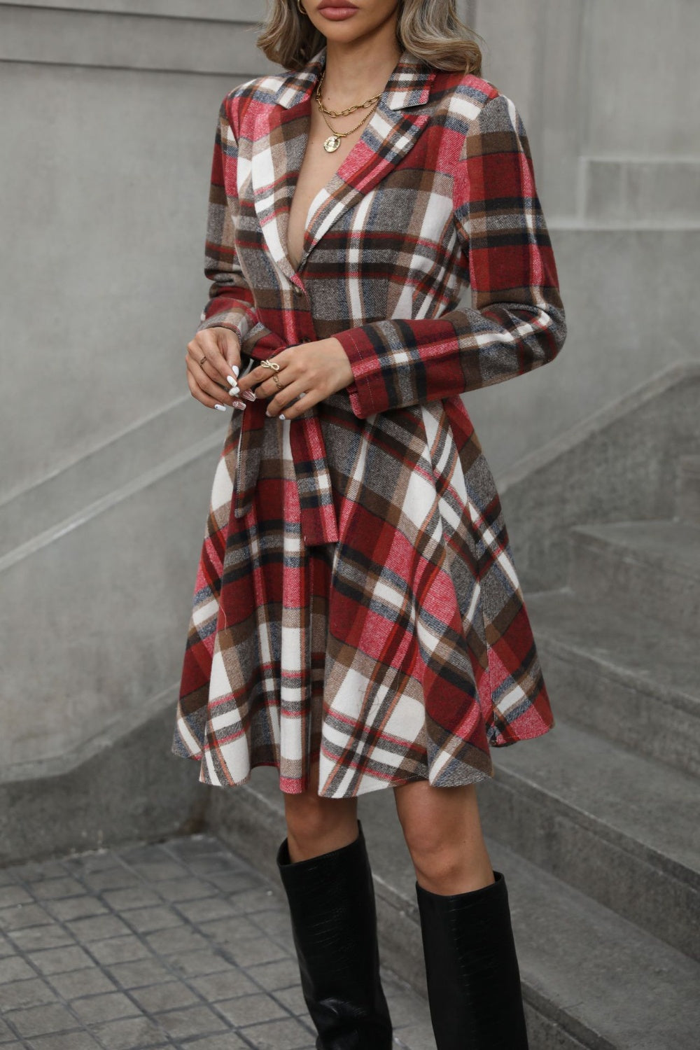 Plaid Tie Waist Long Sleeve Outerwear Trendsi