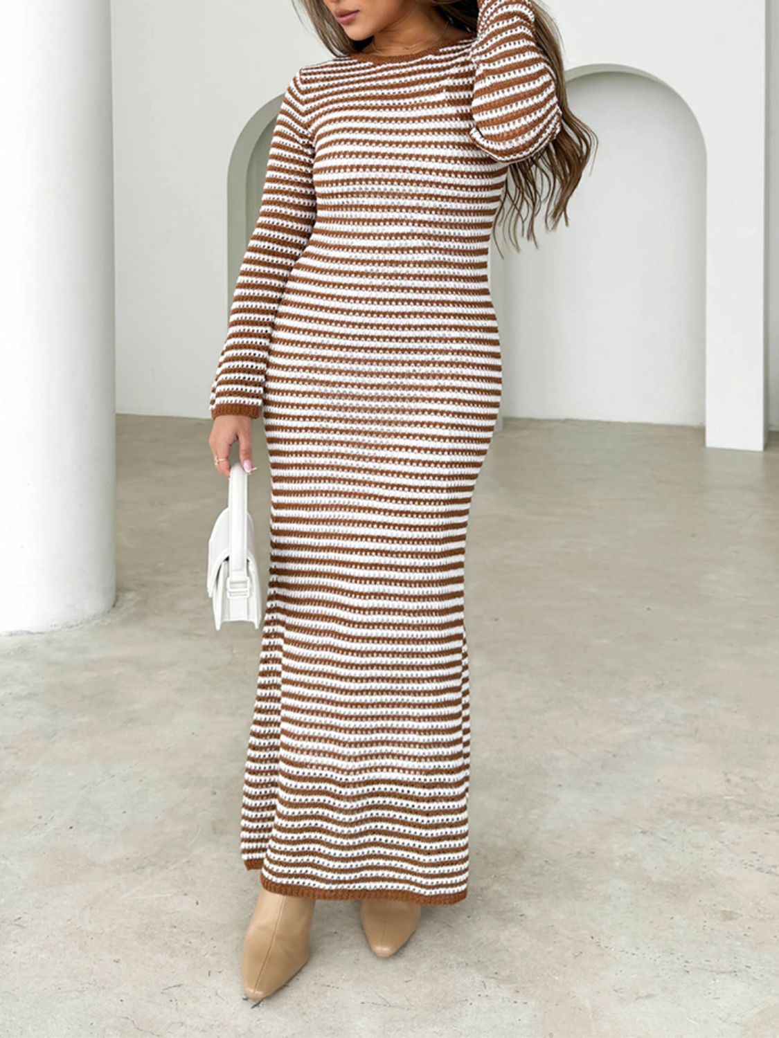 Devine Tied Round Neck Striped Sweater Dress Trendsi